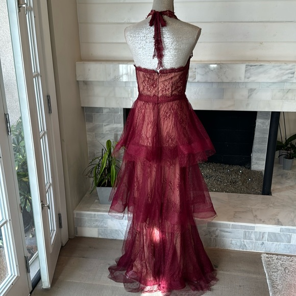 Luxxel Wine Tiered Lacey Tule Maxi Halter Maxi Size Small - Picture 9 of 16